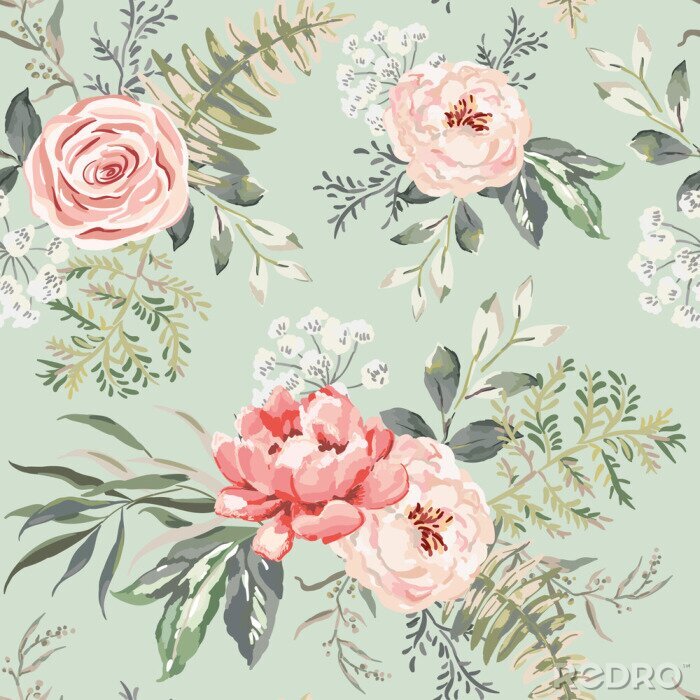 Papier peint  Pivoines roses et foug?res aquarelle