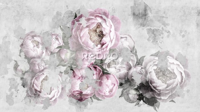 Papier peint  Pivoines roses et grises subtiles sur fond béton