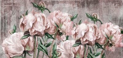 Papier peint  Pivoines roses, fleurs et feuilles vertes sur du béton
