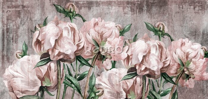 Papier peint  Pivoines roses, fleurs et feuilles vertes sur du béton