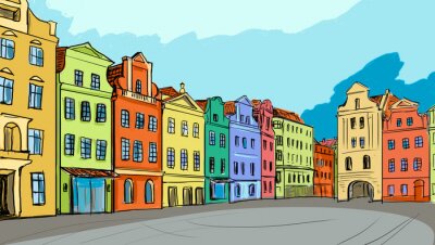 Papier peint  Place du marché peinte avec des maisons