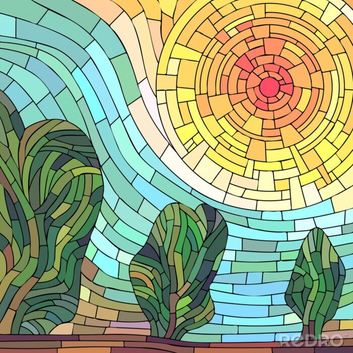 Papier peint  Place mosaïque abstraite soleil rouge avec des arbres.