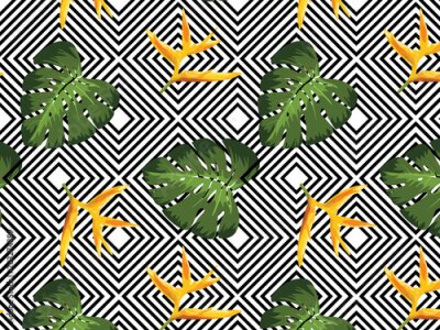 Papier peint  Plage papier peint motif gai des feuilles tropicales vert foncé des palmiers et des fleurs oiseau de paradis (strelitzia) plumeria sur un fond décoratif géométrique abstraite. Fond d'écran nature.