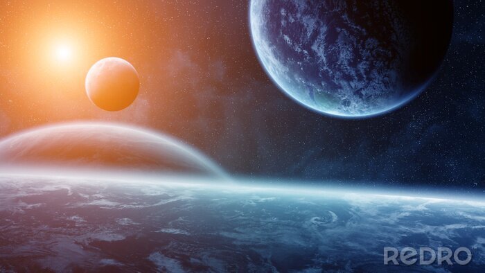 Papier peint  Planètes en 3D sur fond de lever de soleil