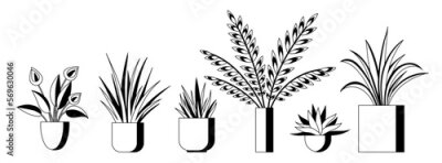 Papier peint  Plant in pot, flowerpots set in line art style. Cartoon flat different indoor potted decorative houseplants for interior home or office decoration, green garden floral collection isolated on white