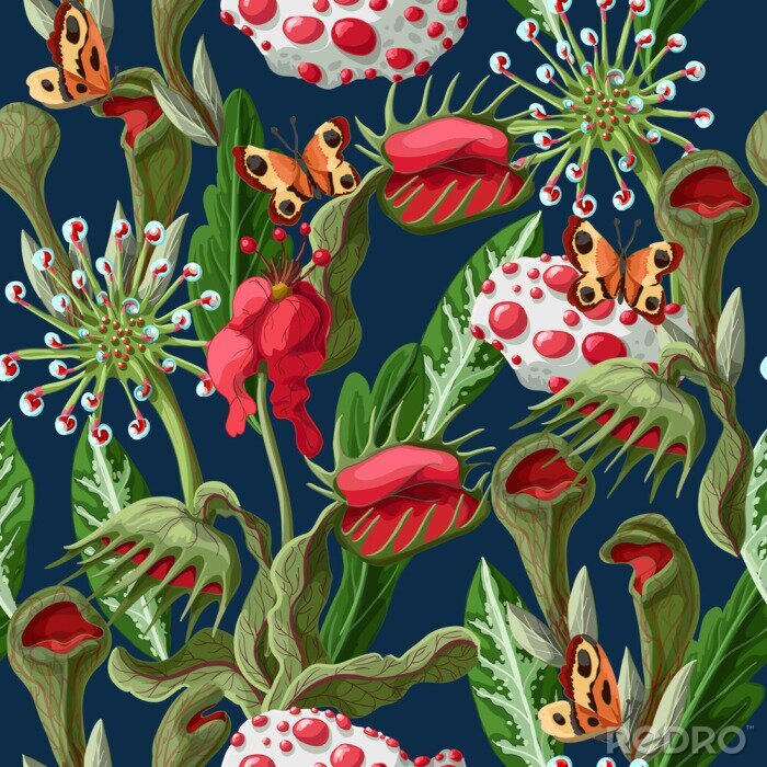 Papier peint  Plantes colorées et papillons