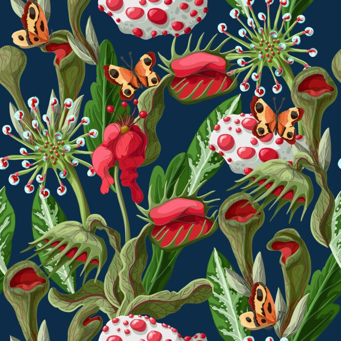 Papier peint  Plantes colorées et papillons