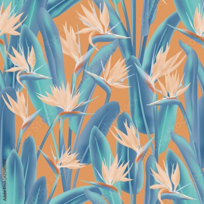 Papier peint  Plantes de strelitzia tropicales sur fond orange