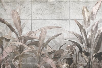 Papier peint  Plantes exotiques sur fond de dalles de béton