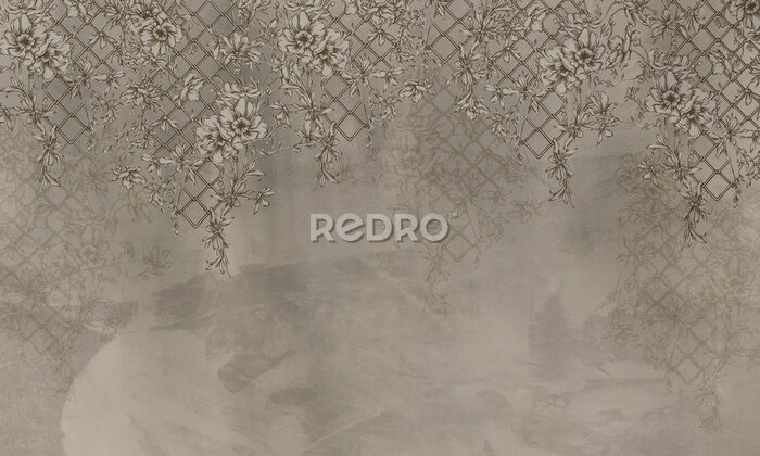 Papier peint  Plantes grimpantes avec des fleurs dans des tons beiges