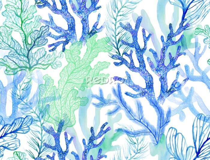 Papier peint  Plantes sous-marines peintes à l'aquarelle