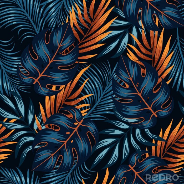 Papier peint  Plantes tropicales bleu marine et orange