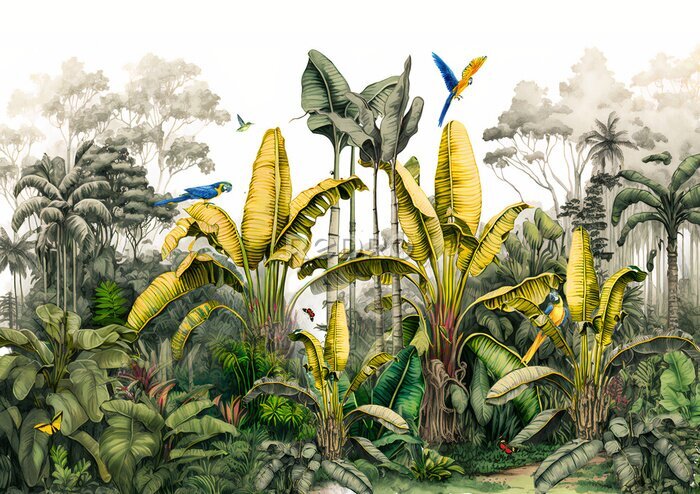 Papier peint  Plantes tropicales et perroquets dans la jungle