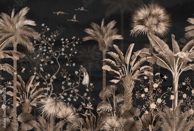 Papier peint  Plantes Tropicales, Palmiers et Monstera sur un Fond Sombre