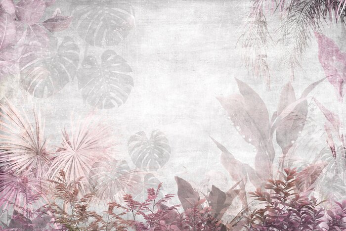 Papier peint  Plantes tropicales roses et grises sur fond de béton