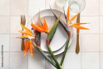 Papier peint  Plates with beautiful strelitzia flowers and cutlery on white tile background