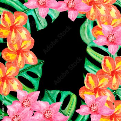 Papier peint  Plumeria, Strelitzia, Monstera watercolorTropical leaves, exotic, bouqet of tripical flowers and leaves. Floral design background.For design, invitations cards