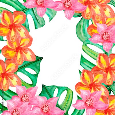 Papier peint  Plumeria, Strelitzia, Monstera watercolorTropical leaves, exotic, bouqet of tripical flowers and leaves. Floral design background.For design, invitations cards