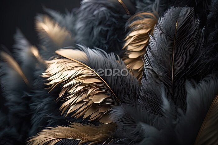 Papier peint  Plumes 3D abstraites noires et dorées