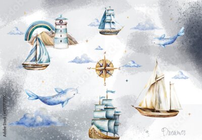 Papier peint  Poissons bateau et phare motif aquarelle pour enfants