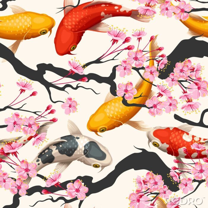 Papier peint  Poissons et fleurs roses de style oriental