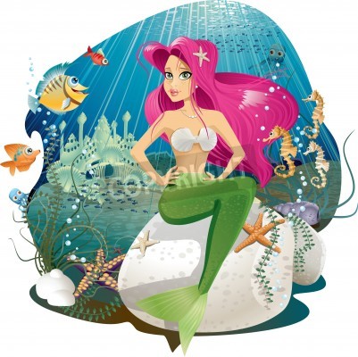 Papier peint  Poissons sirènes et hippocampes