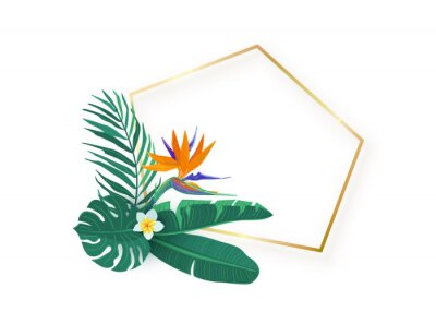 Papier peint  Polygon slanted gold frame with tropical hawaii strelitzia flower leaves bouquet vector background. Tropic exotic element isolated on white background