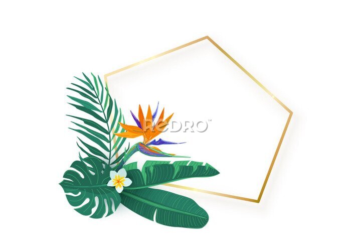Papier peint  Polygon slanted gold frame with tropical hawaii strelitzia flower leaves bouquet vector background. Tropic exotic element isolated on white background