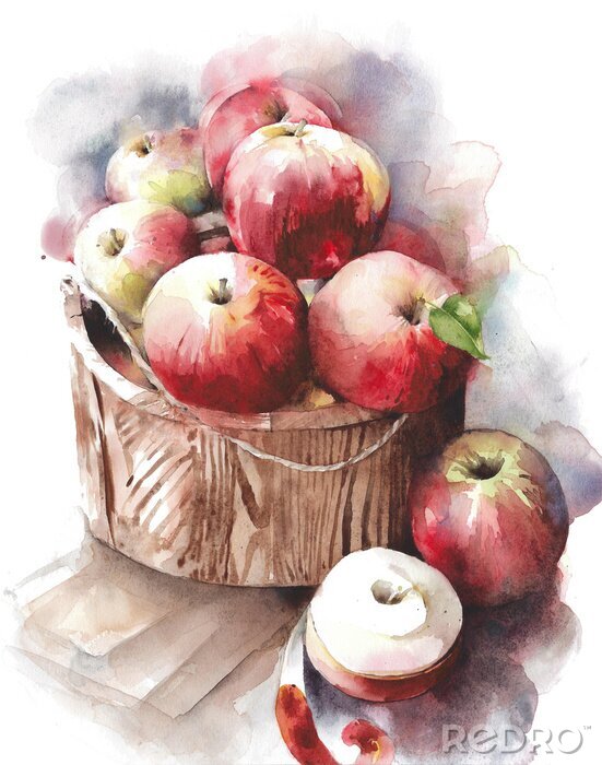 Papier peint  Pommes fruits rouges dans une illustration de panier aquarelle panier isolé sur fond blanc