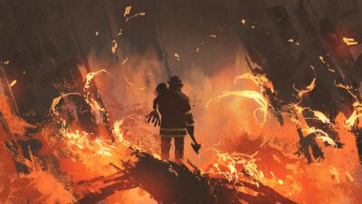 Papier peint  Pompier secourant une petite fille dans les flammes