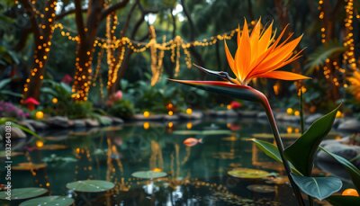 Papier peint  Pond or fishpond water in fairy garden, garland lights glowing on trees, magic fantasy forest atmosphere. Bird of paradise orange crane flower bloom, strelitzia botanical blossom. Flora by water poo