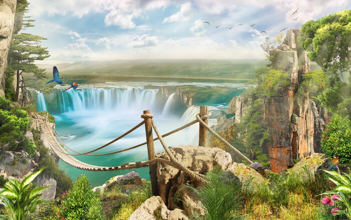 Papier peint  Pont sur cascade