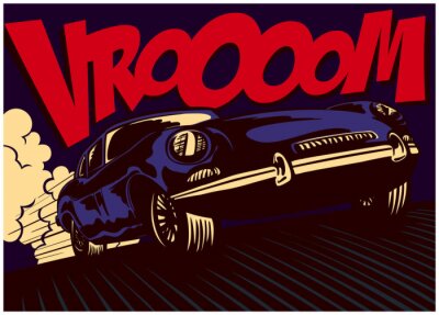 Pop art bande dessinée style voiture de sport rapide conduite à pleine vitesse avec vrooom onomatopée vector illustration affiche design