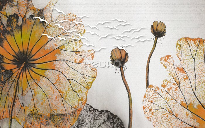 Papier peint  Poppies abstraits et silhouettes d'oiseaux blancs