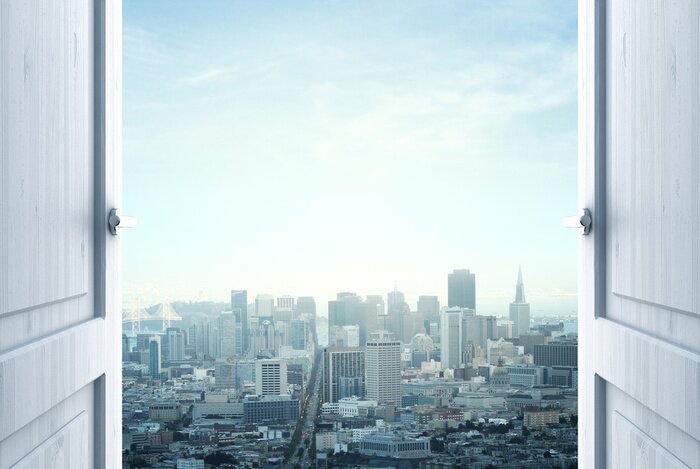 Papier peint  Porte ouverte sur une métropole