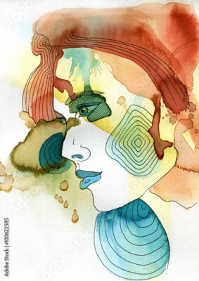 Poster  Portrait abstrait à l'aquarelle d'une femme