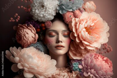 Papier peint  Portrait abstrait d'une femme la tête couverte de fleurs