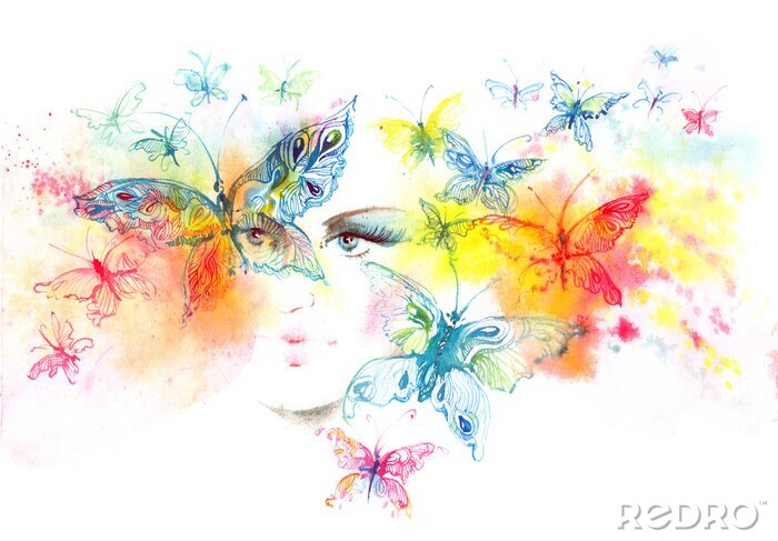 Papier peint  Portrait d'une femme au milieu des papillons
