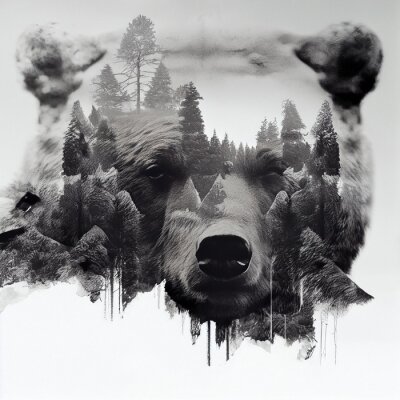 Papier peint  Portrait noir et blanc d&#39;un ours avec un paysage forestier