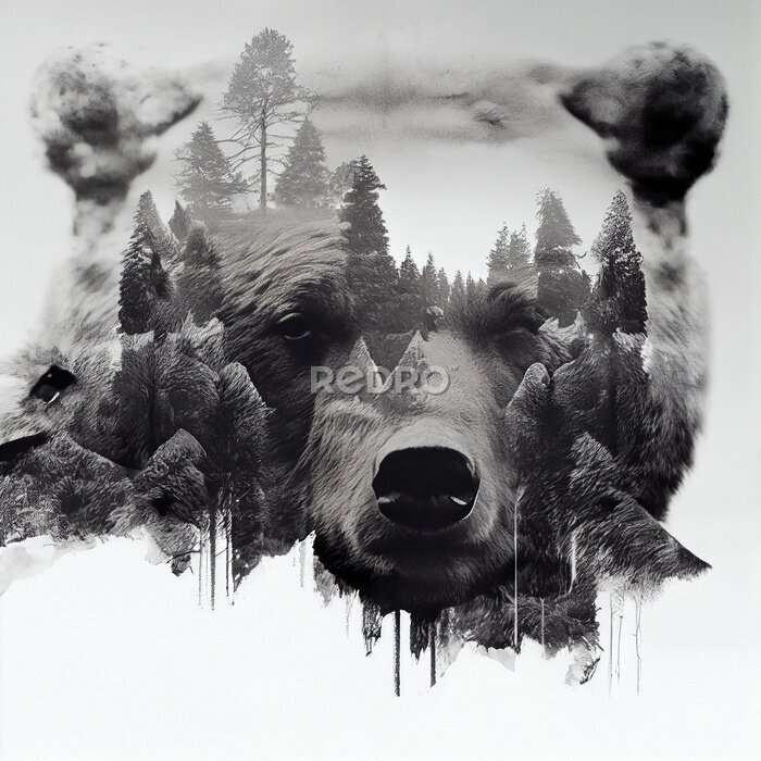 Papier peint  Portrait noir et blanc d&#39;un ours avec un paysage forestier