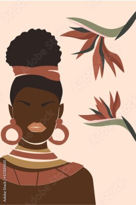 Papier peint  Portrait of a young dark-skinned African woman with jewelry and hair on a background of strelitzia flowers. Contemporary abstract minimalism poster. Vector graphics.