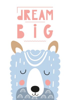 Poster for nursery scandi design with cute llama in Scandinavian style. Vector Illustration. Kids illustration for baby clothes, greeting card, wrapping paper. Lettering Big dream.