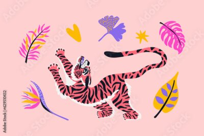 Papier peint  Poster with groovy tiger, banana leaf, strelitzia, palm tree on the pink background. Cartoon vector illustration for cover, postcard, stickers, t shirt. .