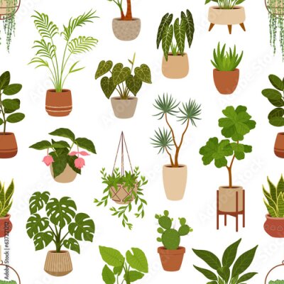 Papier peint  Pot with green plants seamless pattern, flowers and succulents. Office flowerpots. Cartoon vector tile wallpaper with houseplants monstera, cacti and ficus. Alocasia, sansevieria, strelitzia and agave