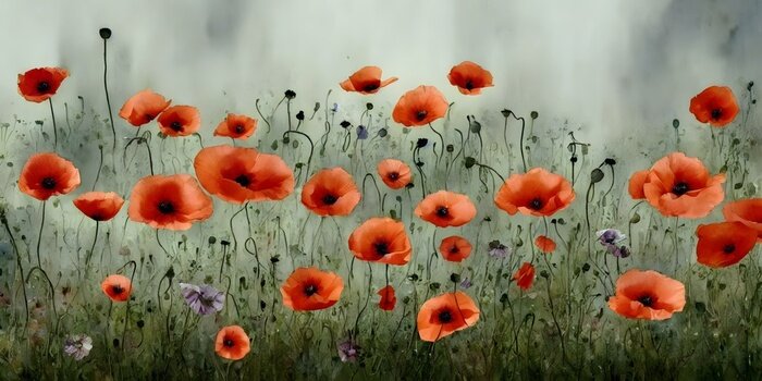 Papier peint  Prairie aquarelle avec des fleurs rouges