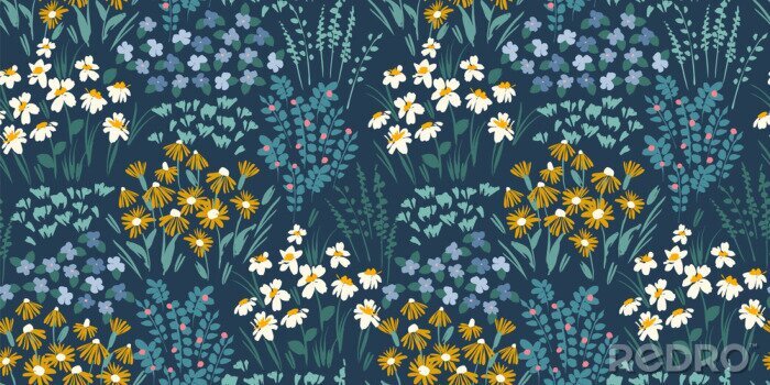 Papier peint  Prairie d'été sur fond bleu foncé