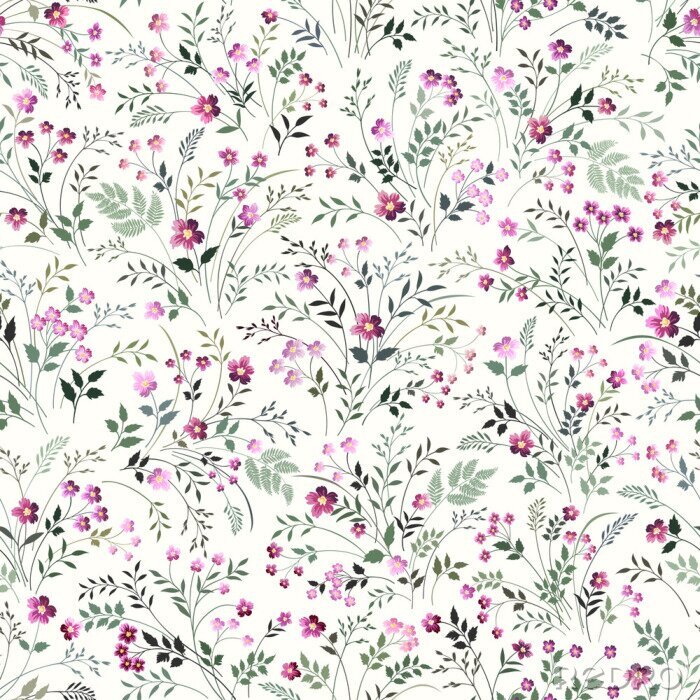 Papier peint  Prairie verte avec des fleurs roses