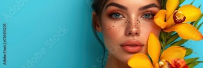 Papier peint  Pretty Young Woman Holding Strelitzia Flowers, Banner Image For Website, Background, Desktop Wallpaper