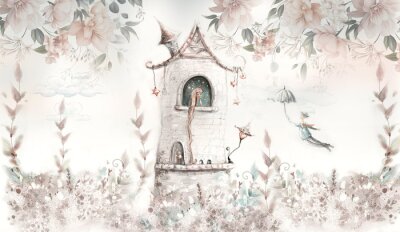 Papier peint  Princess in the tower with floral background. Wallpaper for kids. Mural, art backgronud. 