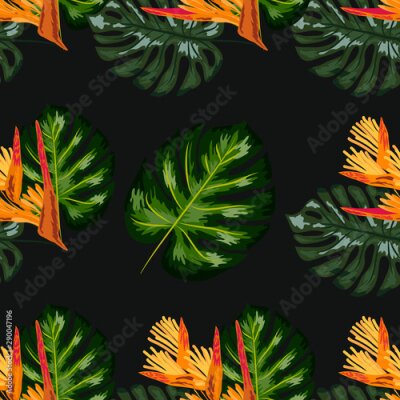 Papier peint  Print exotic tropic plants and palm trees, banana leaf with lobster claws flower, strelitzia
